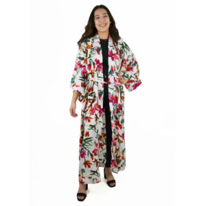 Veste longue style kimono, imprimé fleuri ou indien